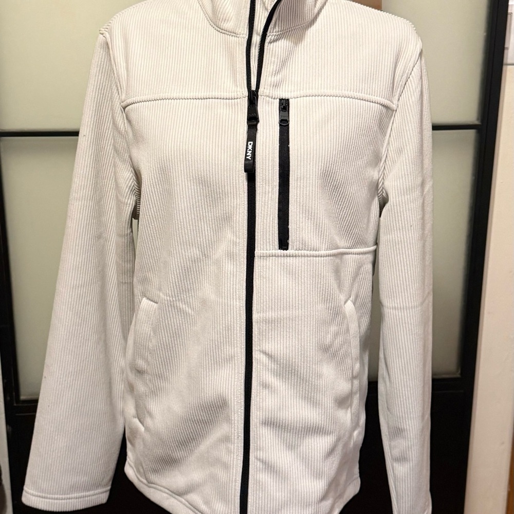 DKNY Ribbed White Jacket with Black Zipper